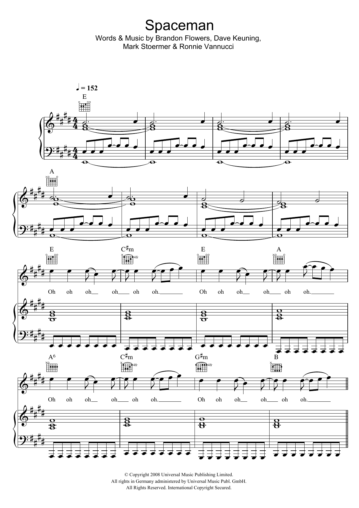The Killers Spaceman Sheet Music Notes & Chords for Piano, Vocal & Guitar (Right-Hand Melody) - Download or Print PDF