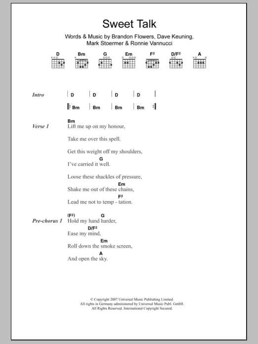 The Killers Sweet Talk Sheet Music Notes & Chords for Lyrics & Chords - Download or Print PDF