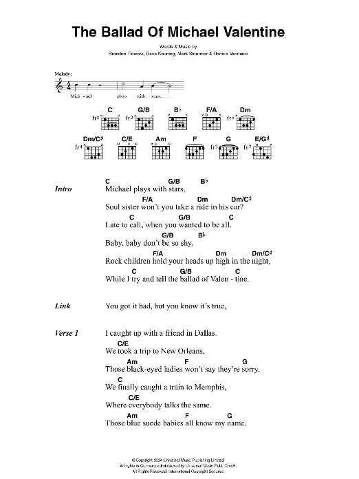 The Killers The Ballad Of Michael Valentine Sheet Music Notes & Chords for Lyrics & Chords - Download or Print PDF