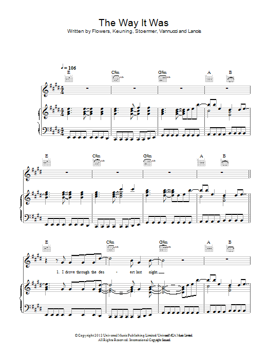 The Killers The Way It Was Sheet Music Notes & Chords for Piano, Vocal & Guitar (Right-Hand Melody) - Download or Print PDF The Killers The Way It Was Sheet Music Notes & Chords for Piano, Vocal & Guitar (Right-Hand Melody) - Download or Print PDF