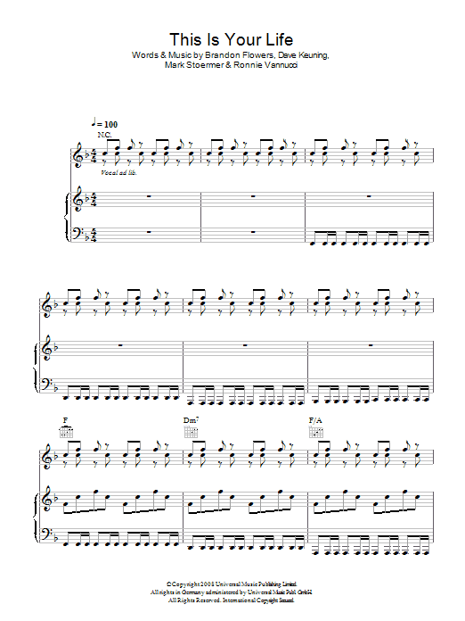 The Killers This Is Your Life Sheet Music Notes & Chords for Piano, Vocal & Guitar (Right-Hand Melody) - Download or Print PDF