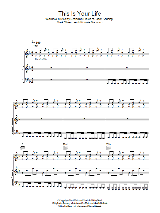 The Killers This Is Your Life Sheet Music Notes & Chords for Lyrics & Chords - Download or Print PDF