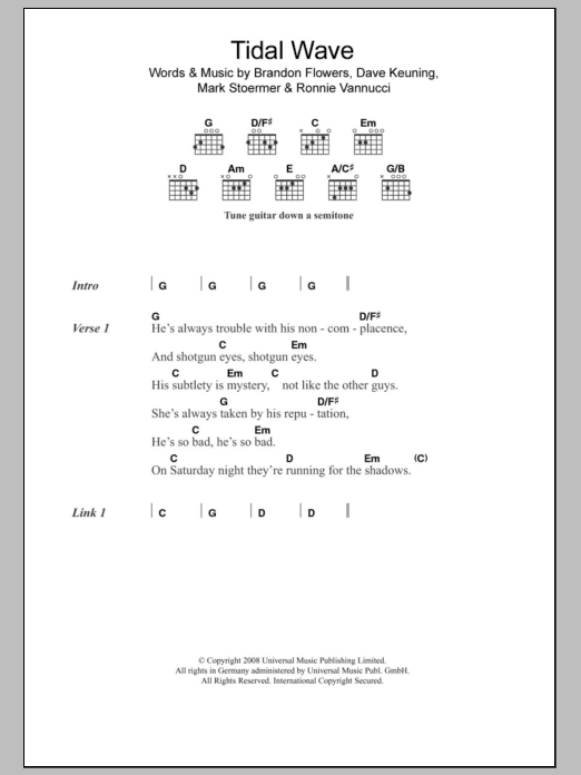 The Killers Tidal Wave Sheet Music Notes & Chords for Lyrics & Chords - Download or Print PDF