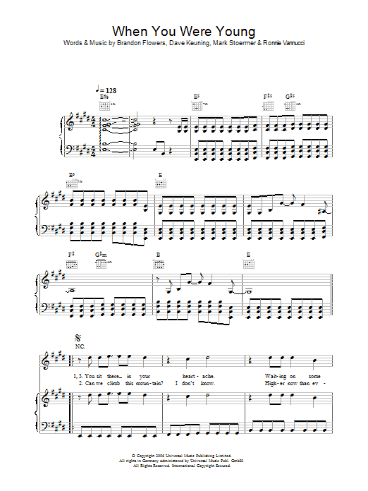 The Killers When You Were Young Sheet Music Notes & Chords for Easy Guitar Tab - Download or Print PDF