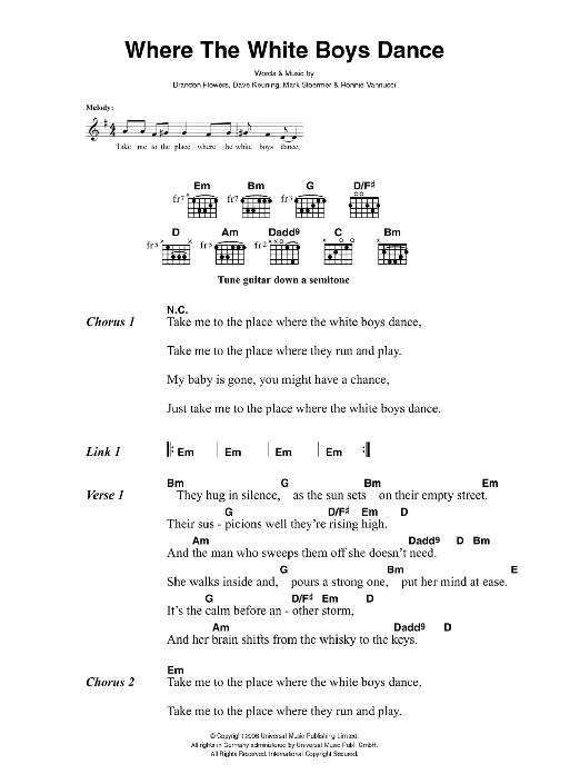 The Killers Where The White Boys Dance Sheet Music Notes & Chords for Lyrics & Chords - Download or Print PDF