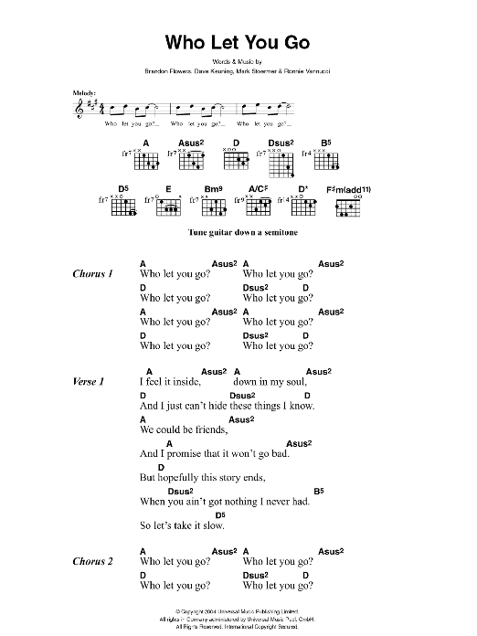 The Killers Who Let You Go Sheet Music Notes & Chords for Lyrics & Chords - Download or Print PDF