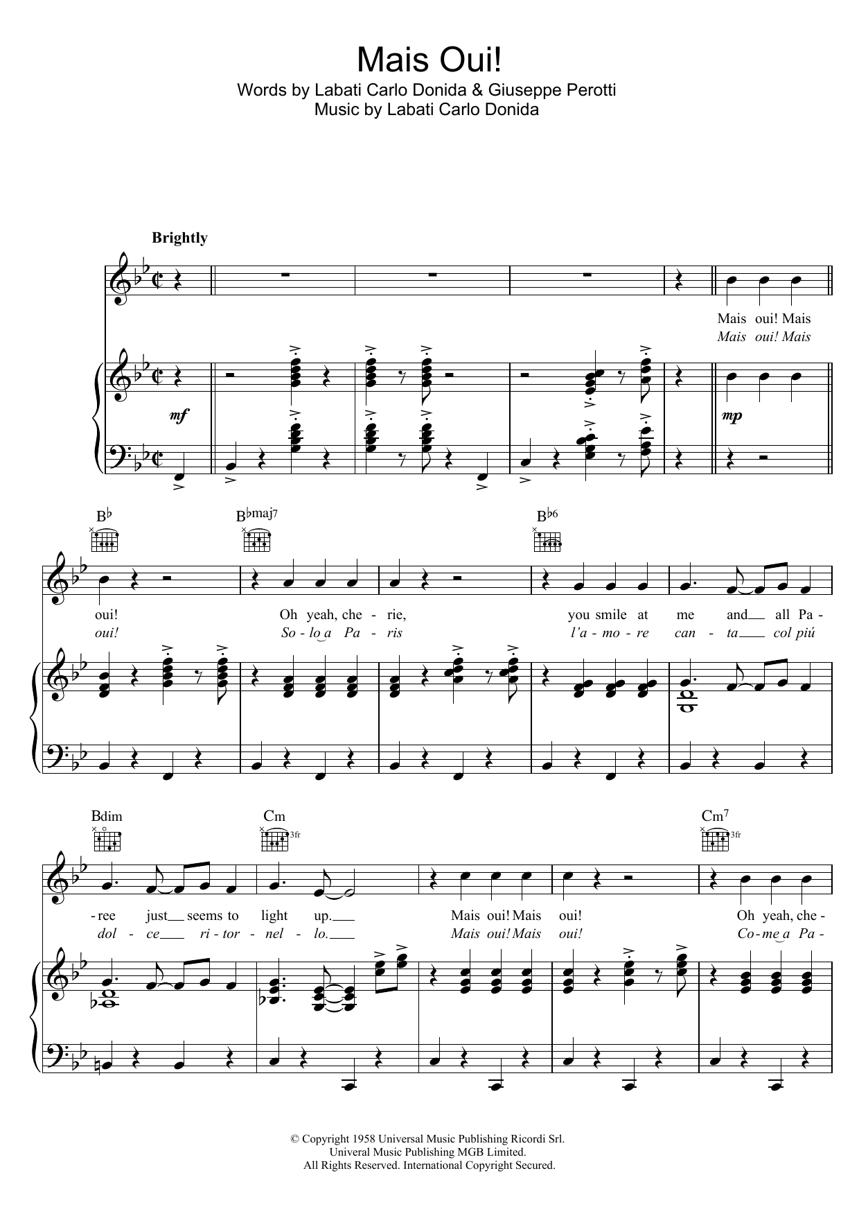 The King Brothers Mais Oui Sheet Music Notes & Chords for Piano, Vocal & Guitar (Right-Hand Melody) - Download or Print PDF