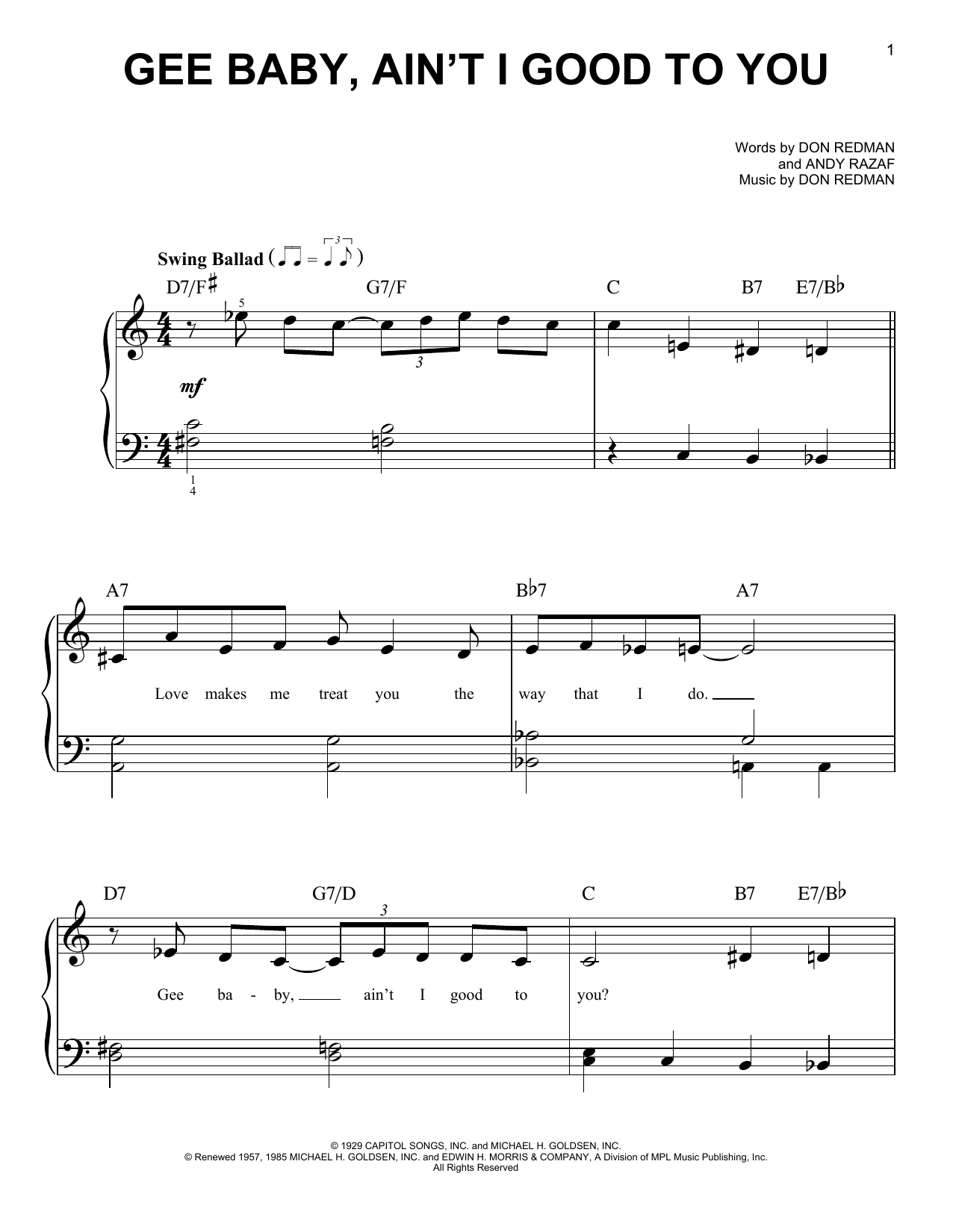 The King Cole Trio Gee Baby, Ain't I Good To You Sheet Music Notes & Chords for Very Easy Piano - Download or Print PDF