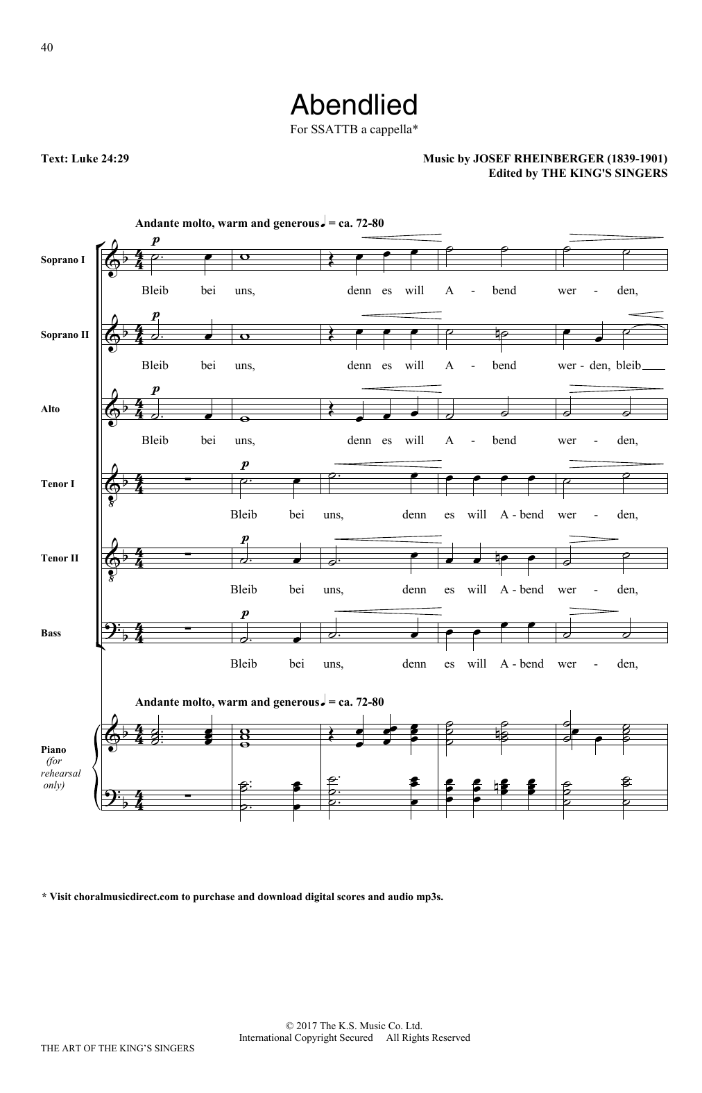 Josef Rheinberger Abendlied Sheet Music Notes & Chords for SATB - Download or Print PDF