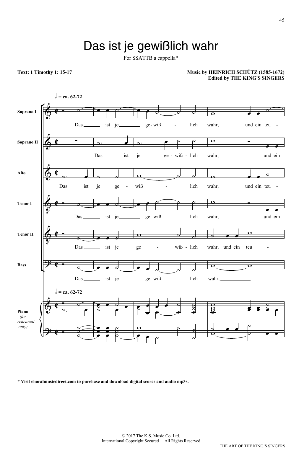 Heinrich Schutz Das ist je gewusslich wahr Sheet Music Notes & Chords for SATB - Download or Print PDF