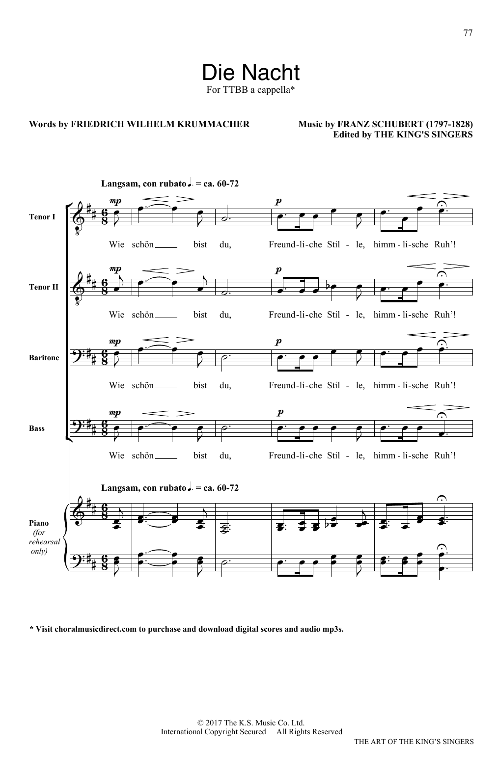 Franz Schubert Die Nacht Sheet Music Notes & Chords for SATB - Download or Print PDF