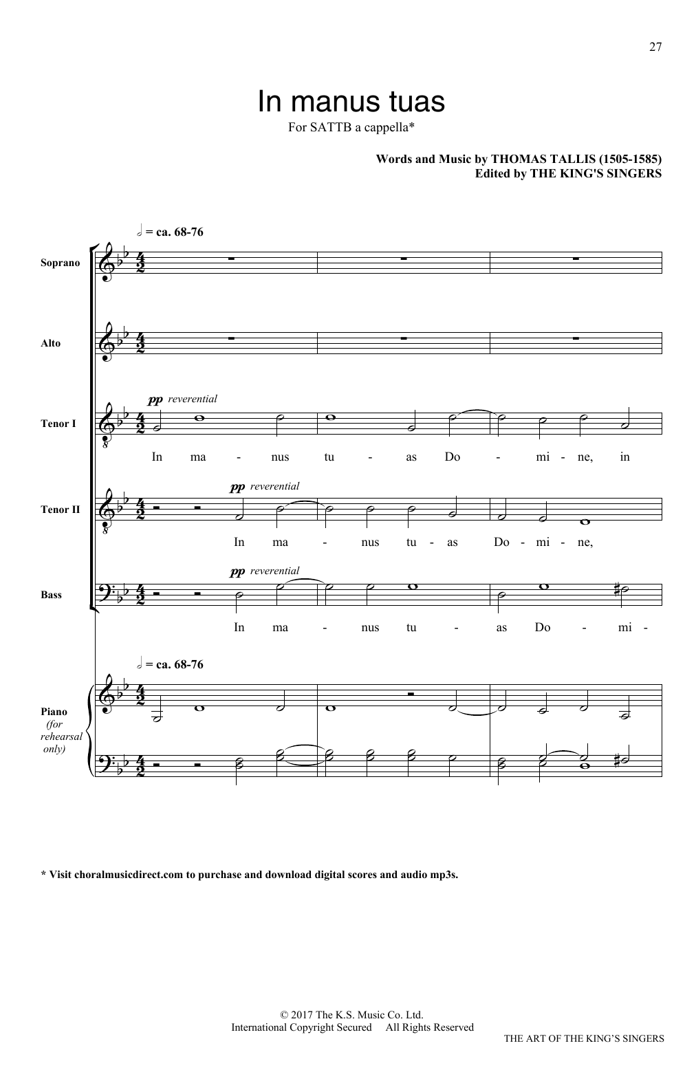 Thomas Tallis In Manus Tuas Sheet Music Notes & Chords for SATB - Download or Print PDF