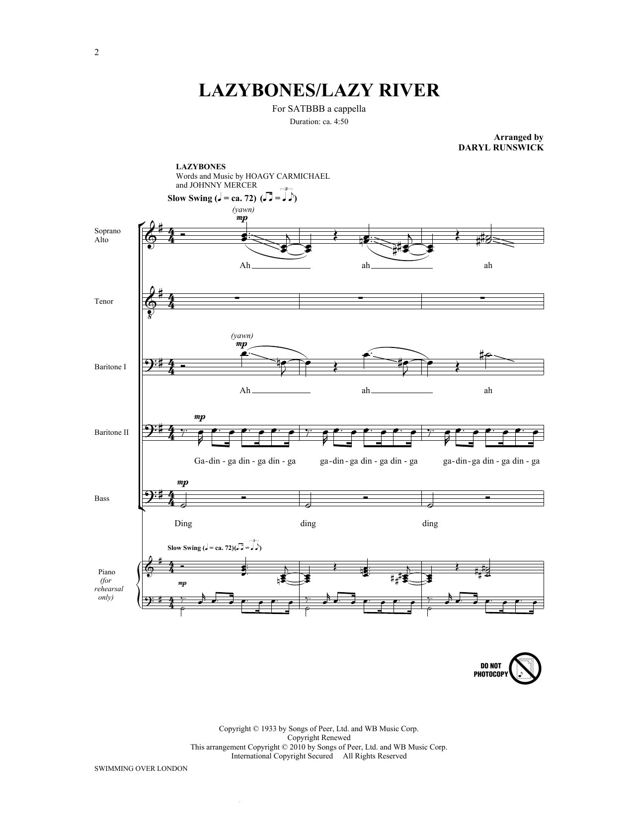The King's Singers Lazybones/Lazy River (from Swimming Over London) Sheet Music Notes & Chords for Choral SATBBB - Download or Print PDF