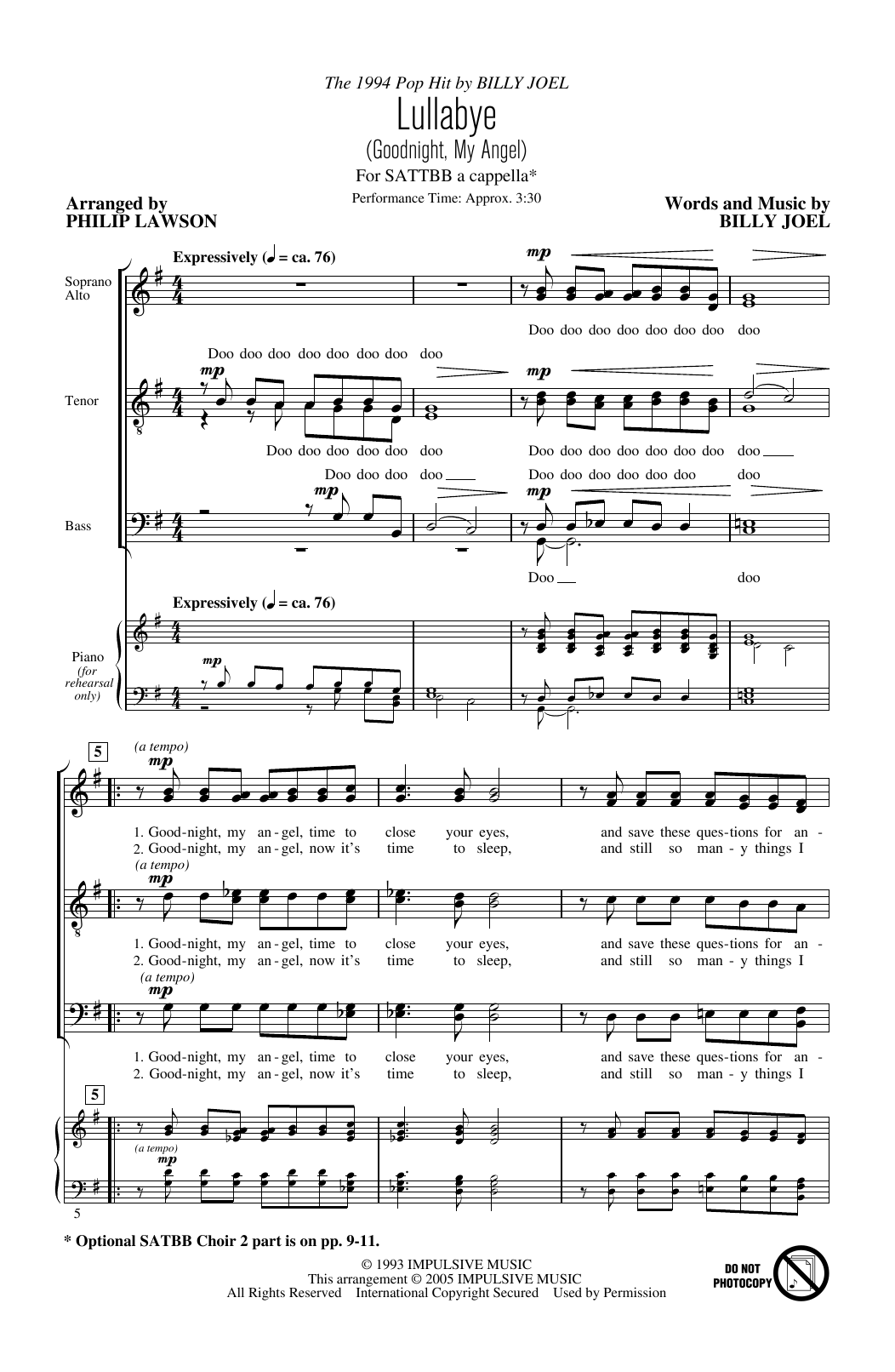 Philip Lawson Lullabye (Goodnight, My Angel) Sheet Music Notes & Chords for SATTBB - Download or Print PDF