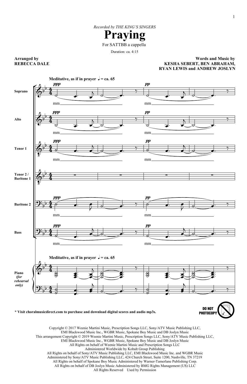 The King's Singers Praying (arr. Rebecca Dale) Sheet Music Notes & Chords for SATB Choir - Download or Print PDF