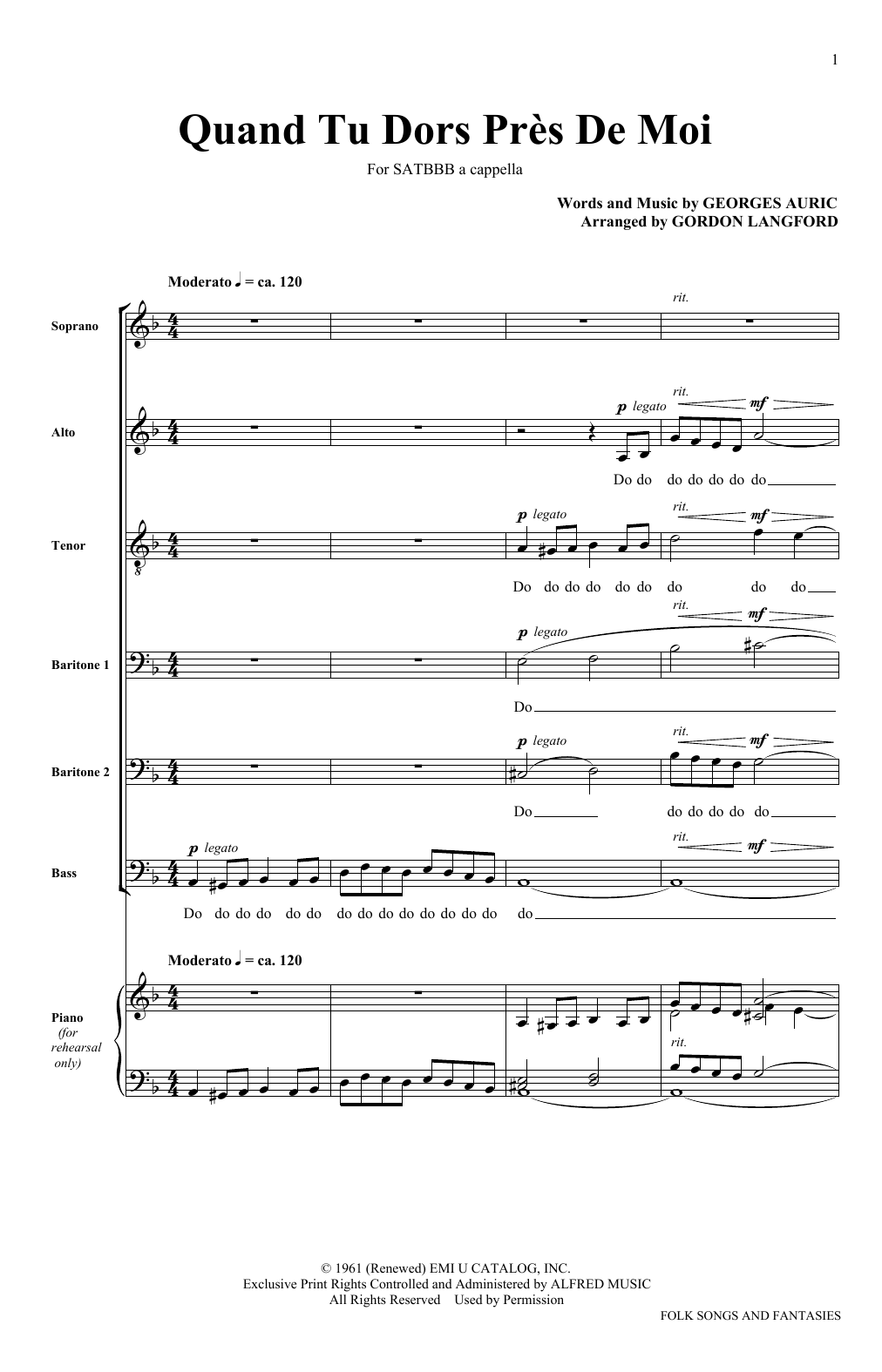 The King's Singers Quand Tu Dors Pres De Moi Sheet Music Notes & Chords for SATB - Download or Print PDF