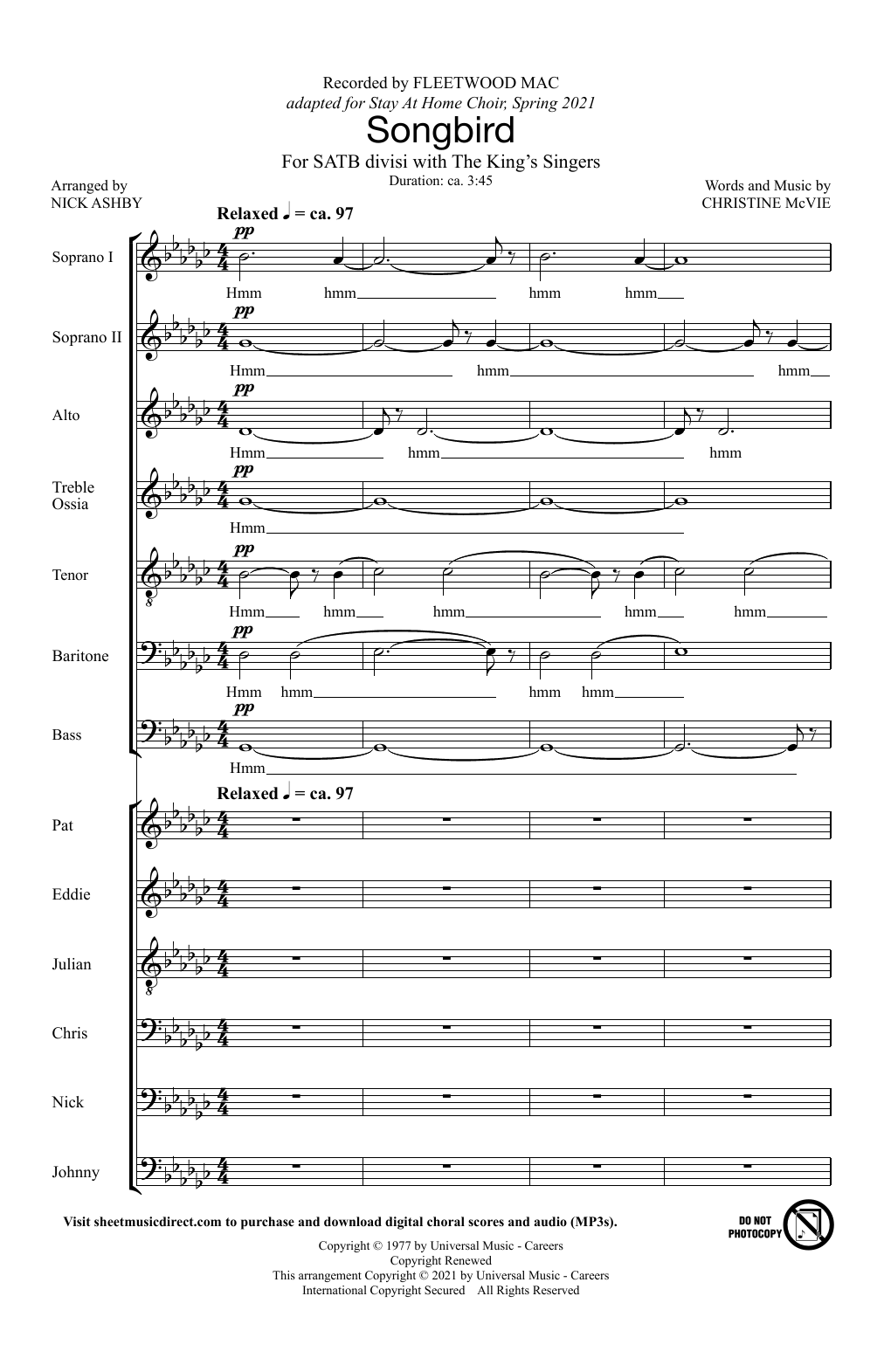 The King's Singers Songbird (arr. Nick Ashby) Sheet Music Notes & Chords for SATB Choir - Download or Print PDF