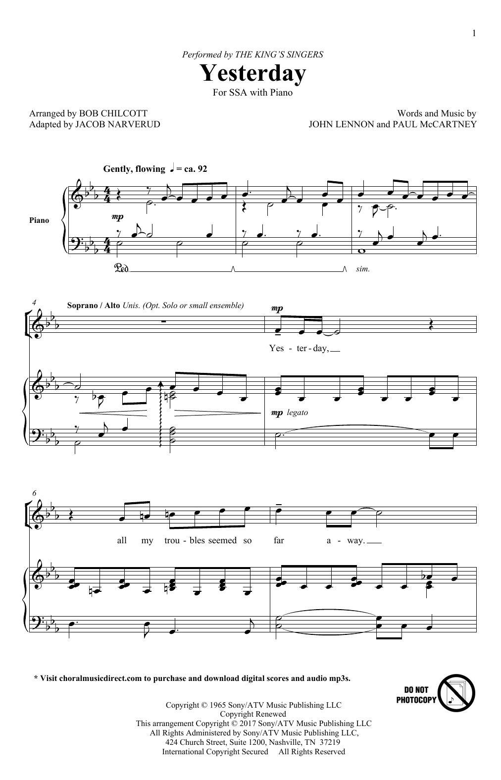 The Beatles Yesterday (adapt. Jacob Narverud) Sheet Music Notes & Chords for SSA - Download or Print PDF