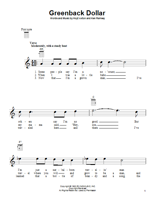 The Kingston Trio Greenback Dollar Sheet Music Notes & Chords for Ukulele - Download or Print PDF