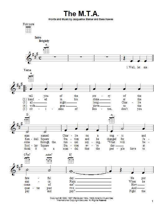 The Kingston Trio The M.T.A. Sheet Music Notes & Chords for Ukulele - Download or Print PDF