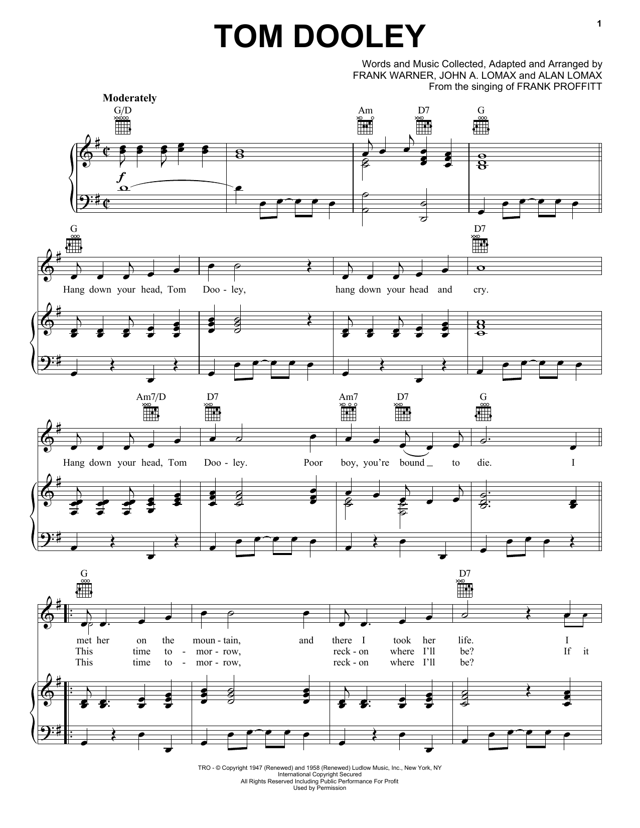 Kingston Trio Tom Dooley Sheet Music Notes & Chords for Piano, Vocal & Guitar (Right-Hand Melody) - Download or Print PDF