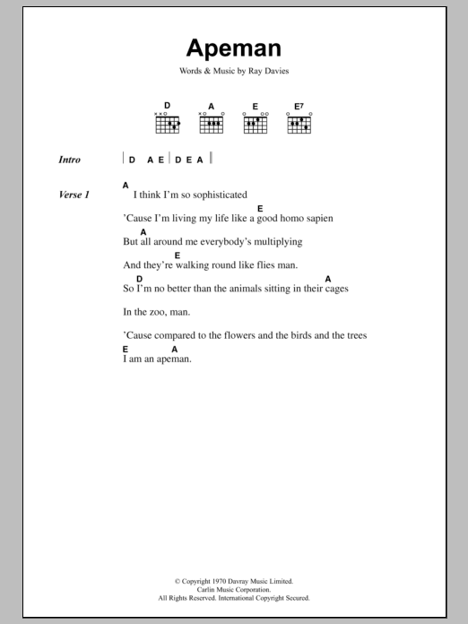 The Kinks Apeman Sheet Music Notes & Chords for Lyrics & Chords - Download or Print PDF The Kinks Apeman Sheet Music Notes & Chords for Lyrics & Chords - Download or Print PDF