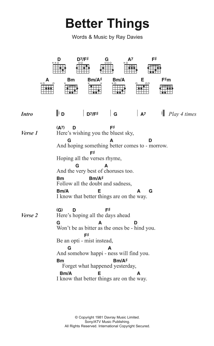 The Kinks Better Things Sheet Music Notes & Chords for Lyrics & Chords - Download or Print PDF