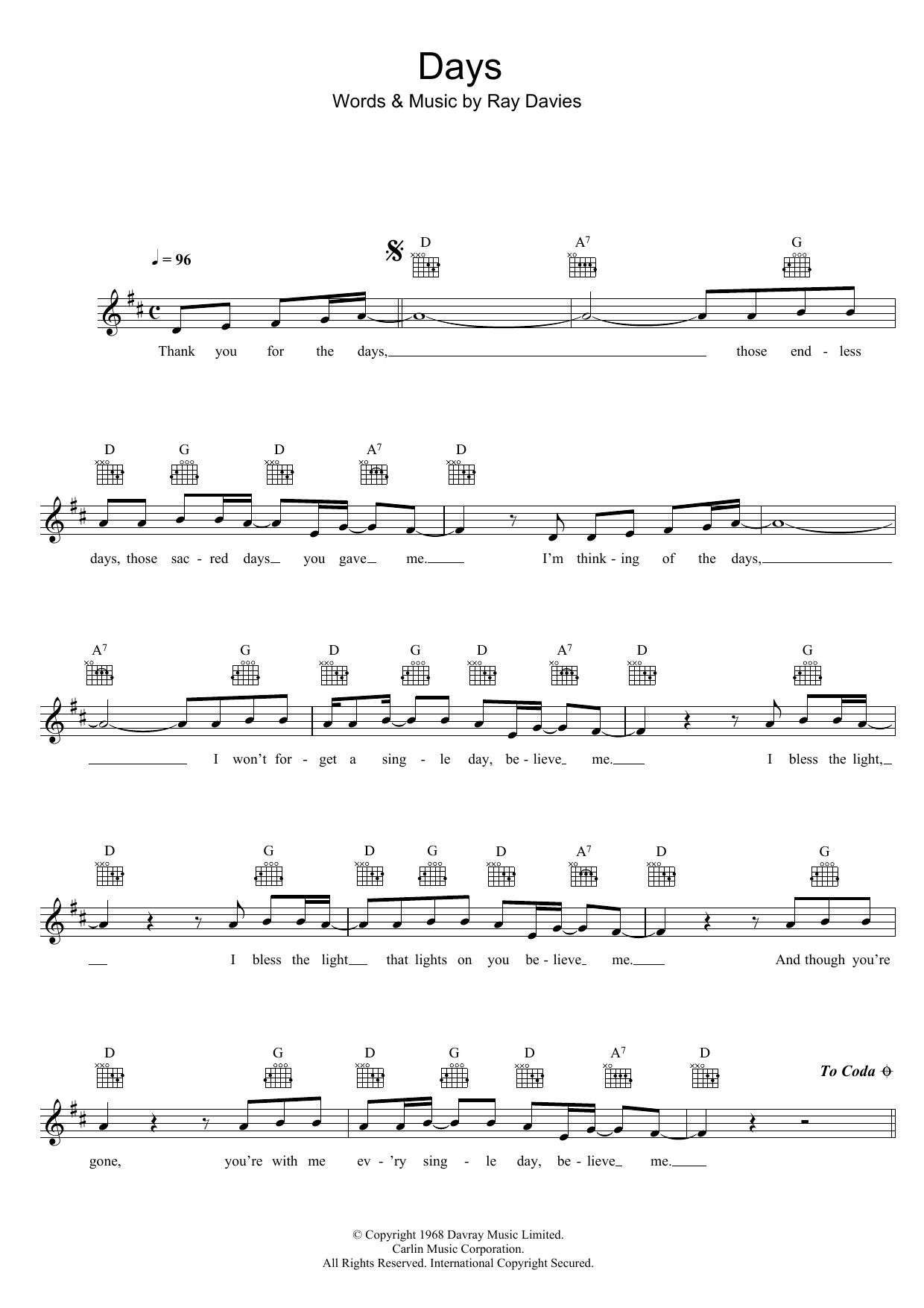 The Kinks Days Sheet Music Notes & Chords for Lyrics & Chords - Download or Print PDF