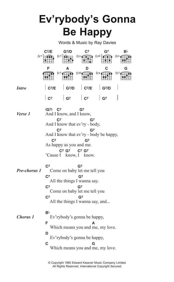 The Kinks Ev'rybody's Gonna Be Happy Sheet Music Notes & Chords for Lyrics & Chords - Download or Print PDF