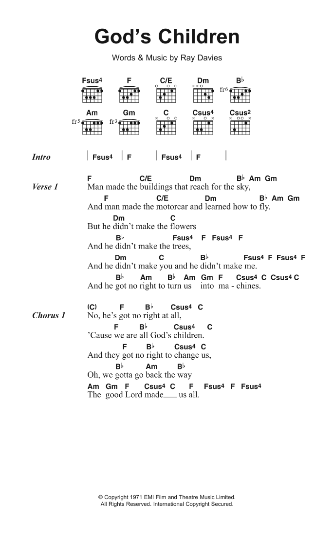 The Kinks God's Children Sheet Music Notes & Chords for Lyrics & Chords - Download or Print PDF