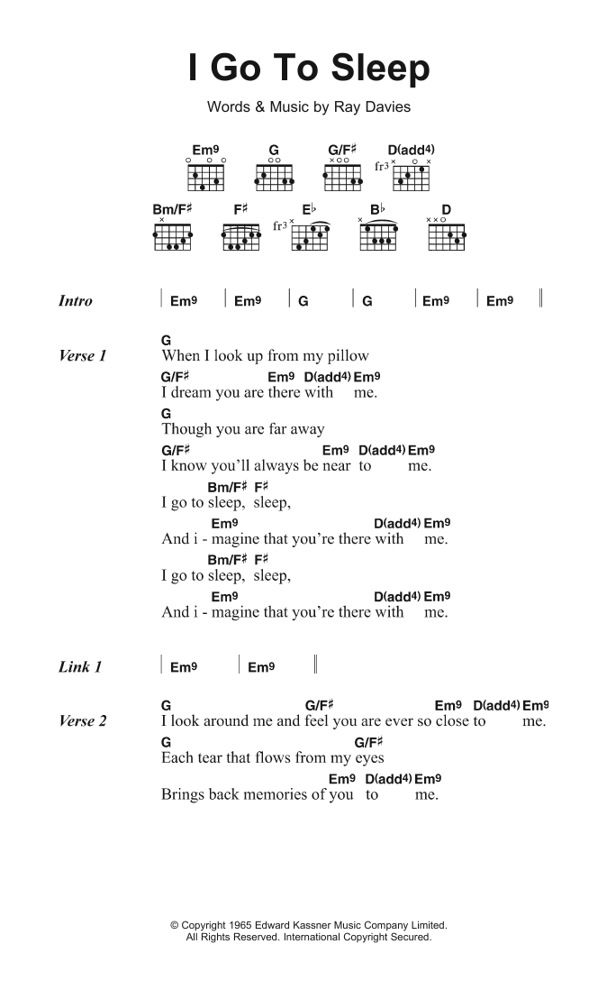The Kinks I Go To Sleep Sheet Music Notes & Chords for Lyrics & Chords - Download or Print PDF