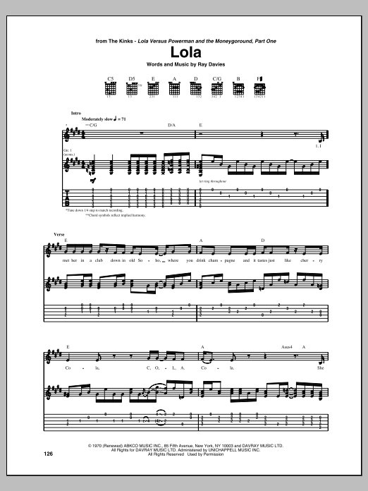 The Kinks Lola Sheet Music Notes & Chords for Melody Line, Lyrics & Chords - Download or Print PDF