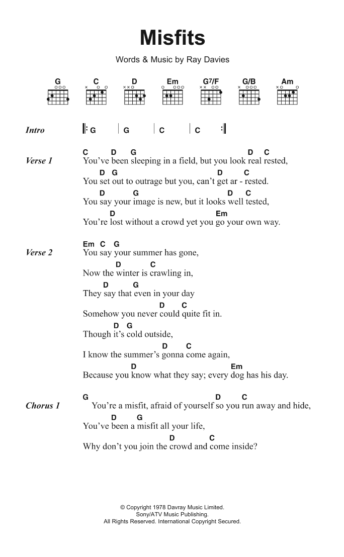 The Kinks Misfits Sheet Music Notes & Chords for Lyrics & Chords - Download or Print PDF