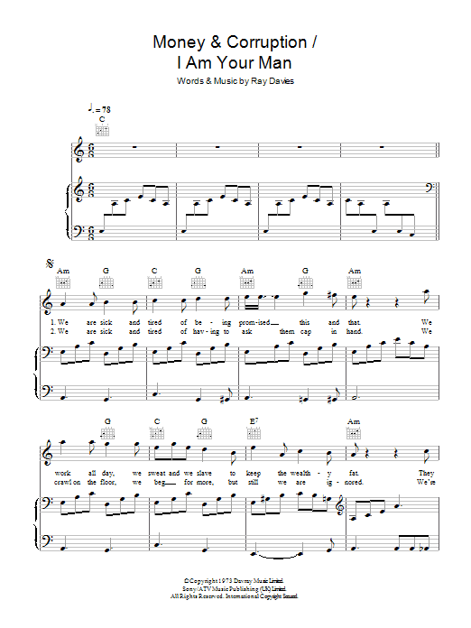 The Kinks Money & Corruption / I Am Your Man Sheet Music Notes & Chords for Piano, Vocal & Guitar - Download or Print PDF The Kinks Money & Corruption / I Am Your Man Sheet Music Notes & Chords for Piano, Vocal & Guitar - Download or Print PDF