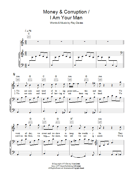 The Kinks Money & Corruption / I Am Your Man Sheet Music Notes & Chords for Piano, Vocal & Guitar - Download or Print PDF