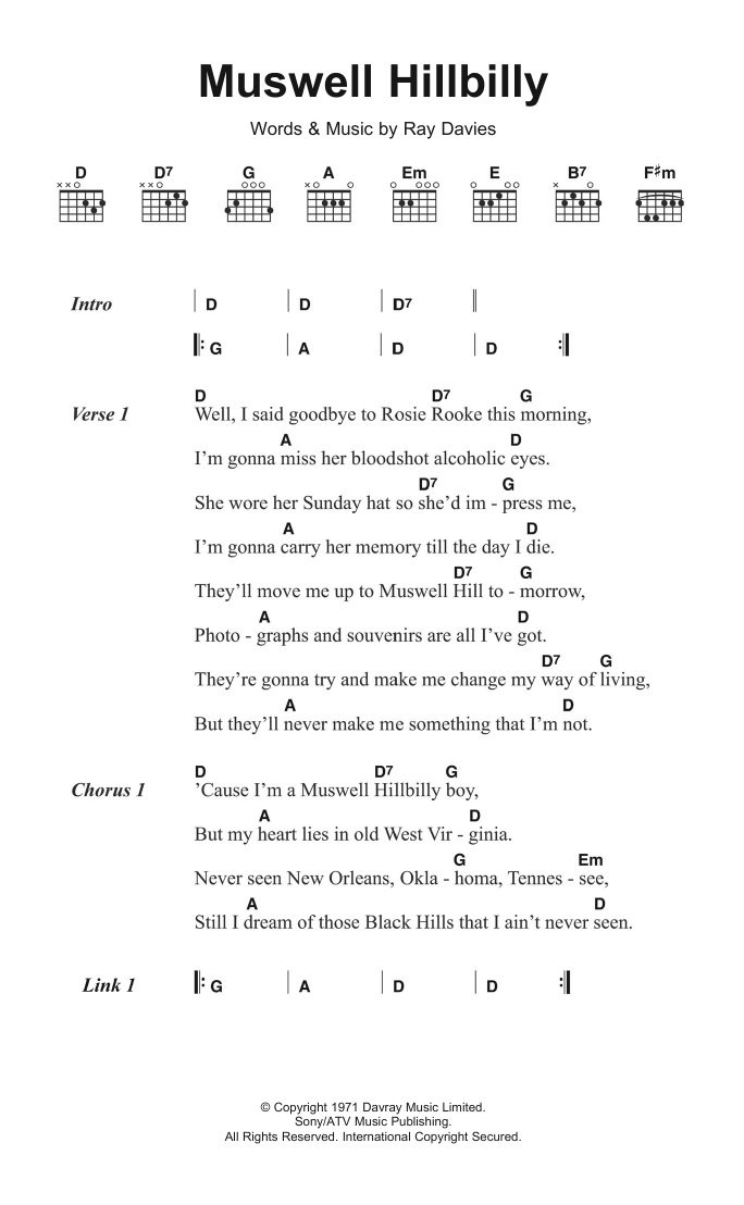 The Kinks Muswell Hillbilly Sheet Music Notes & Chords for Lyrics & Chords - Download or Print PDF