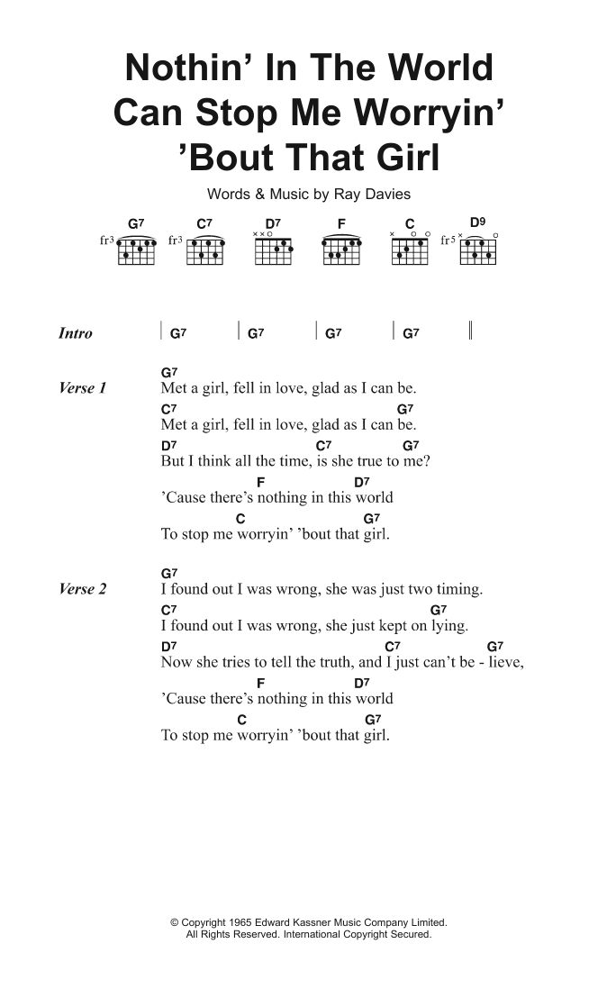 The Kinks Nothin' In The World Can Stop Me Worryin' 'Bout That Girl Sheet Music Notes & Chords for Lyrics & Chords - Download or Print PDF