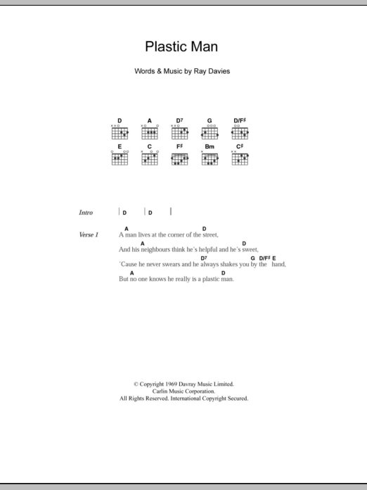 The Kinks Plastic Man Sheet Music Notes & Chords for Lyrics & Chords - Download or Print PDF