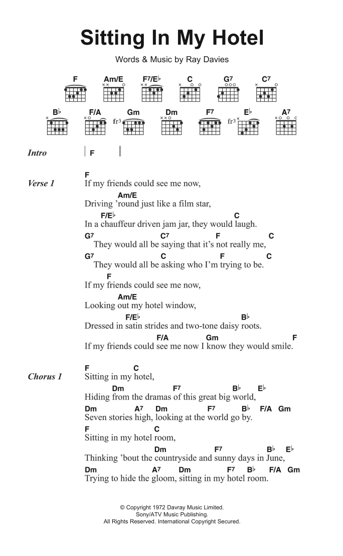 The Kinks Sitting In My Hotel Sheet Music Notes & Chords for Lyrics & Chords - Download or Print PDF