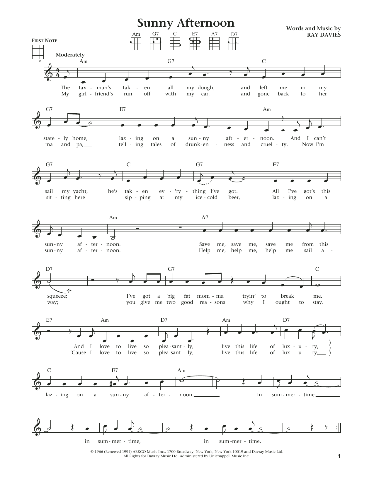 The Kinks Sunny Afternoon (from The Daily Ukulele) (arr. Liz and Jim Beloff) Sheet Music Notes & Chords for Ukulele - Download or Print PDF