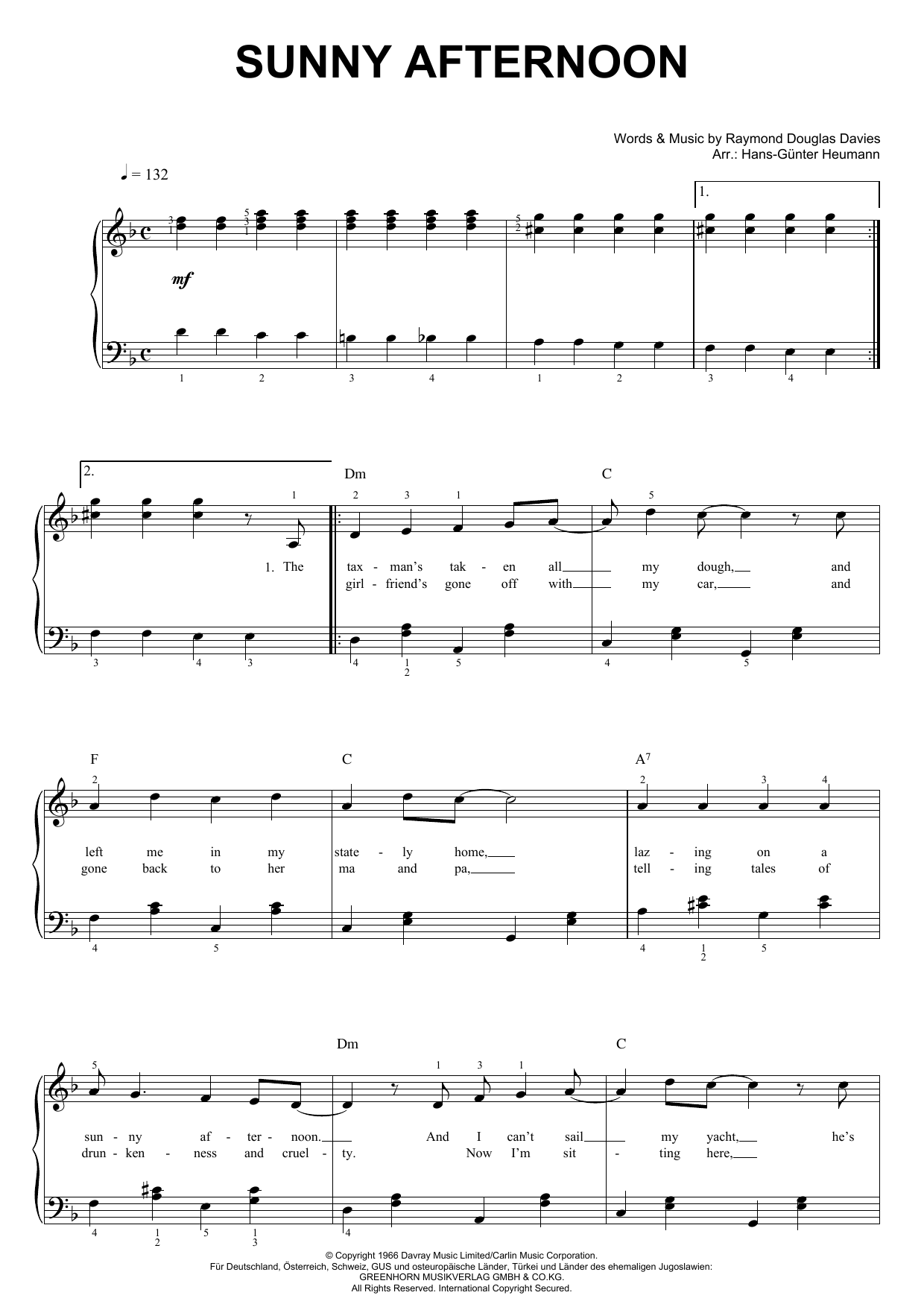 The Kinks Sunny Afternoon Sheet Music Notes & Chords for Keyboard - Download or Print PDF