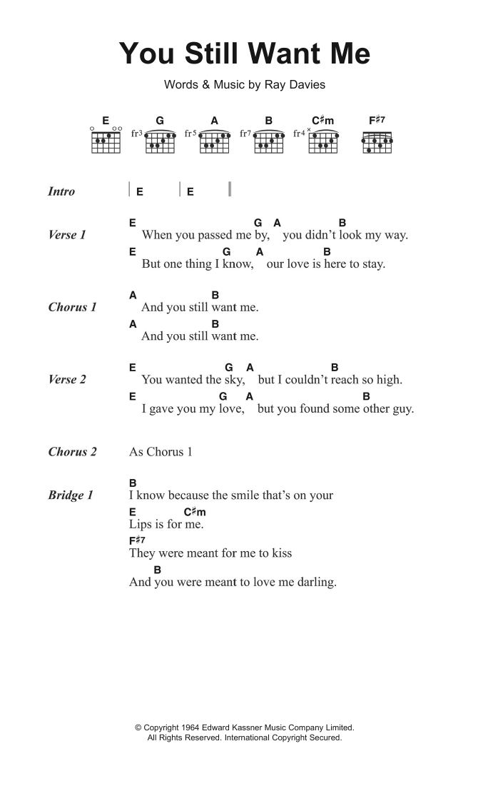 The Kinks You Still Want Me Sheet Music Notes & Chords for Lyrics & Chords - Download or Print PDF