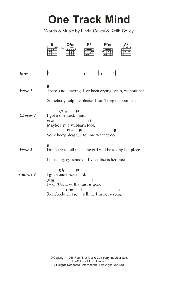 The Knickerbockers One Track Mind Sheet Music Notes & Chords for Lyrics & Chords - Download or Print PDF The Knickerbockers One Track Mind Sheet Music Notes & Chords for Lyrics & Chords - Download or Print PDF