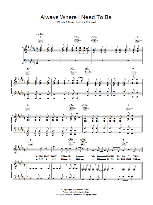The Kooks Always Where I Need To Be Sheet Music Notes & Chords for Keyboard - Download or Print PDF