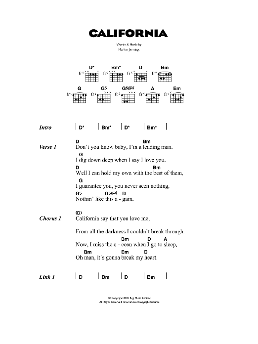 The Kooks California Sheet Music Notes & Chords for Lyrics & Chords - Download or Print PDF