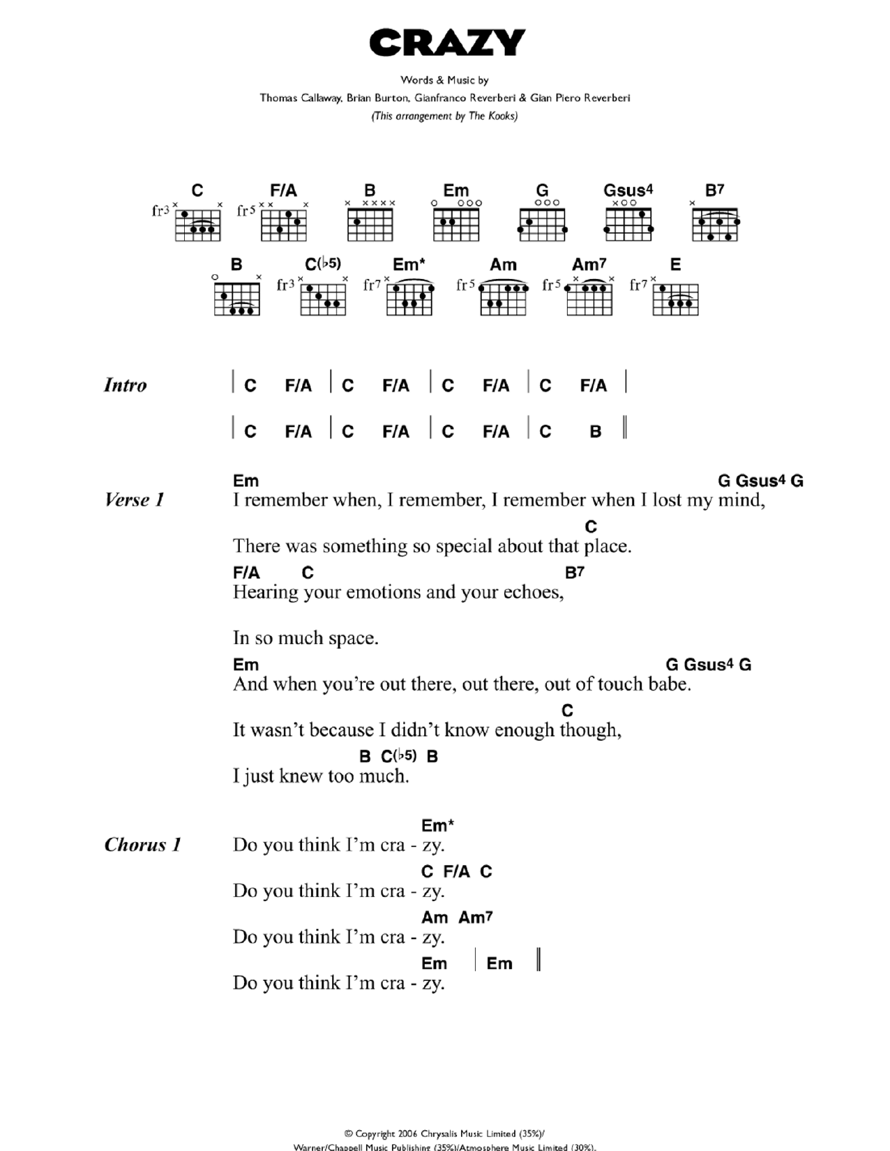 Gnarls Barkley Crazy Sheet Music Notes & Chords for Lyrics & Chords - Download or Print PDF