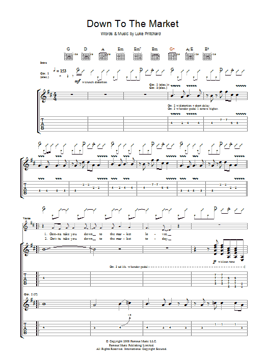 The Kooks Down To The Market Sheet Music Notes & Chords for Guitar Tab - Download or Print PDF