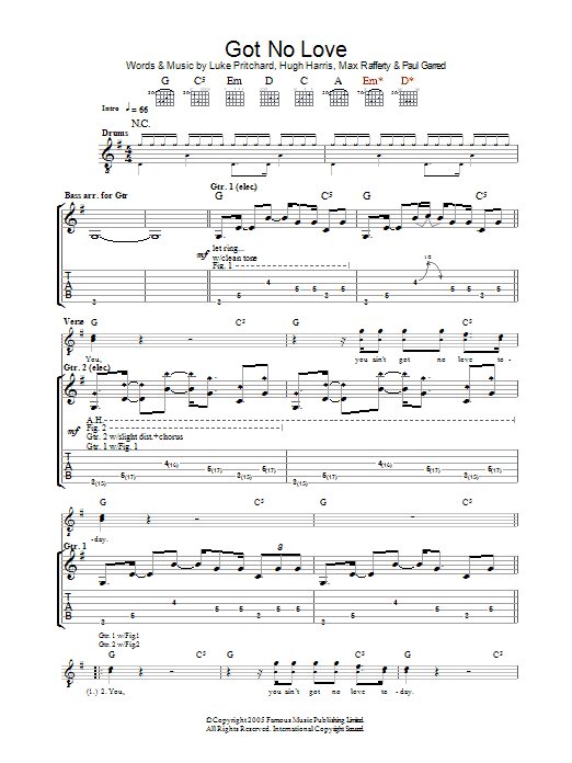 The Kooks Got No Love Sheet Music Notes & Chords for Guitar Tab - Download or Print PDF