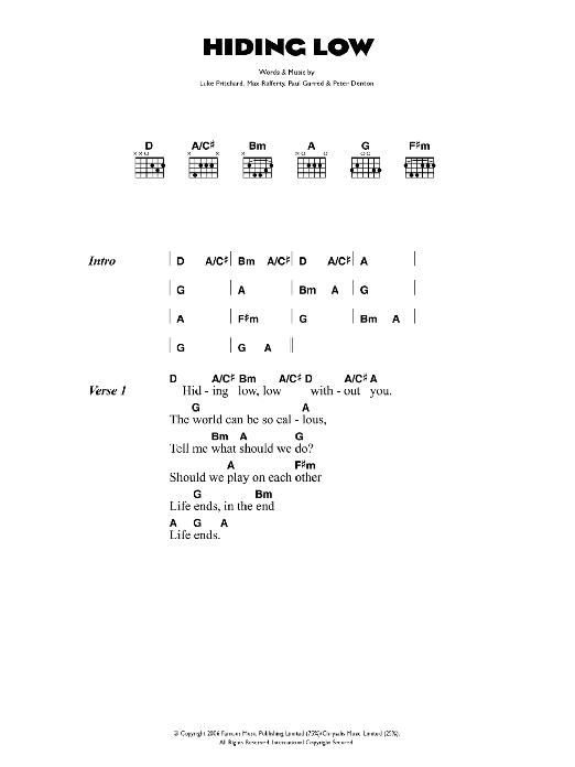 The Kooks Hiding Low Sheet Music Notes & Chords for Lyrics & Chords - Download or Print PDF