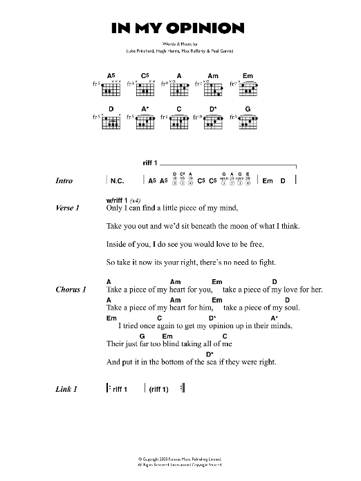 The Kooks In My Opinion Sheet Music Notes & Chords for Lyrics & Chords - Download or Print PDF